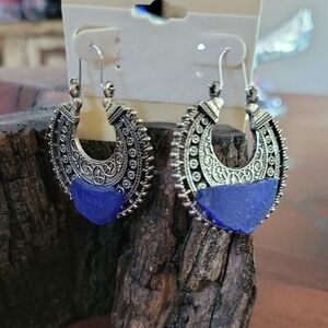 Elegant Silvery/gold  Dangle Earrings With Blue Sea Glass